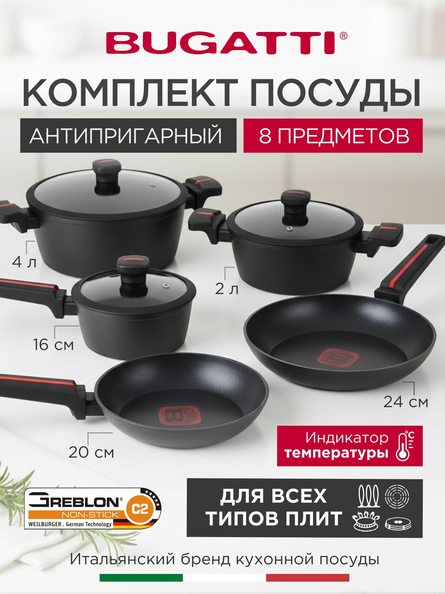 Набор посуды сковорода антипригарная 20 и 24 см с крышкой, кастрюля 2 и 4 л, кухонный ковш 1 л с крышкой