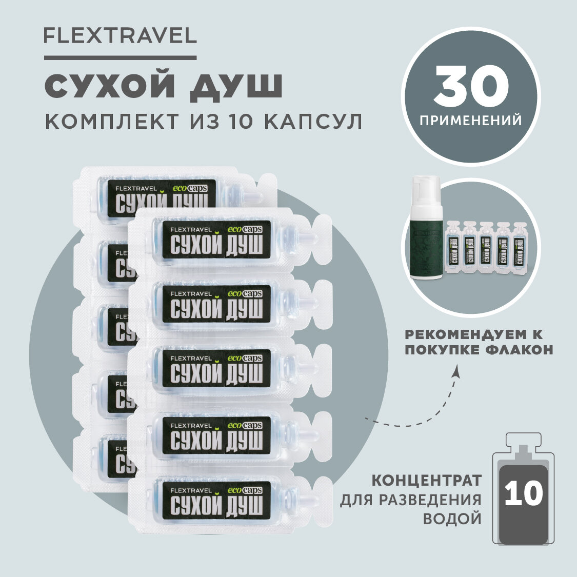 Сухой душ походный FlexTravel, комплект для личной гигиены, средство для мытья и ухода за телом 10 капсул