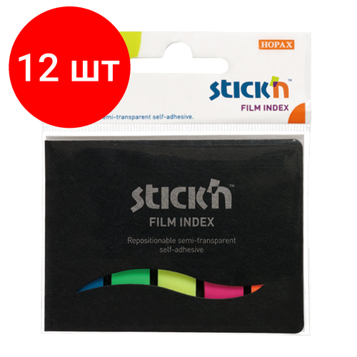 Комплект 12 шт, Закладки клейкие HOPAX неоновые, пластиковые, 12х45 мм, 5 цветов х 25 листов, в обложке, европодвес, 21076