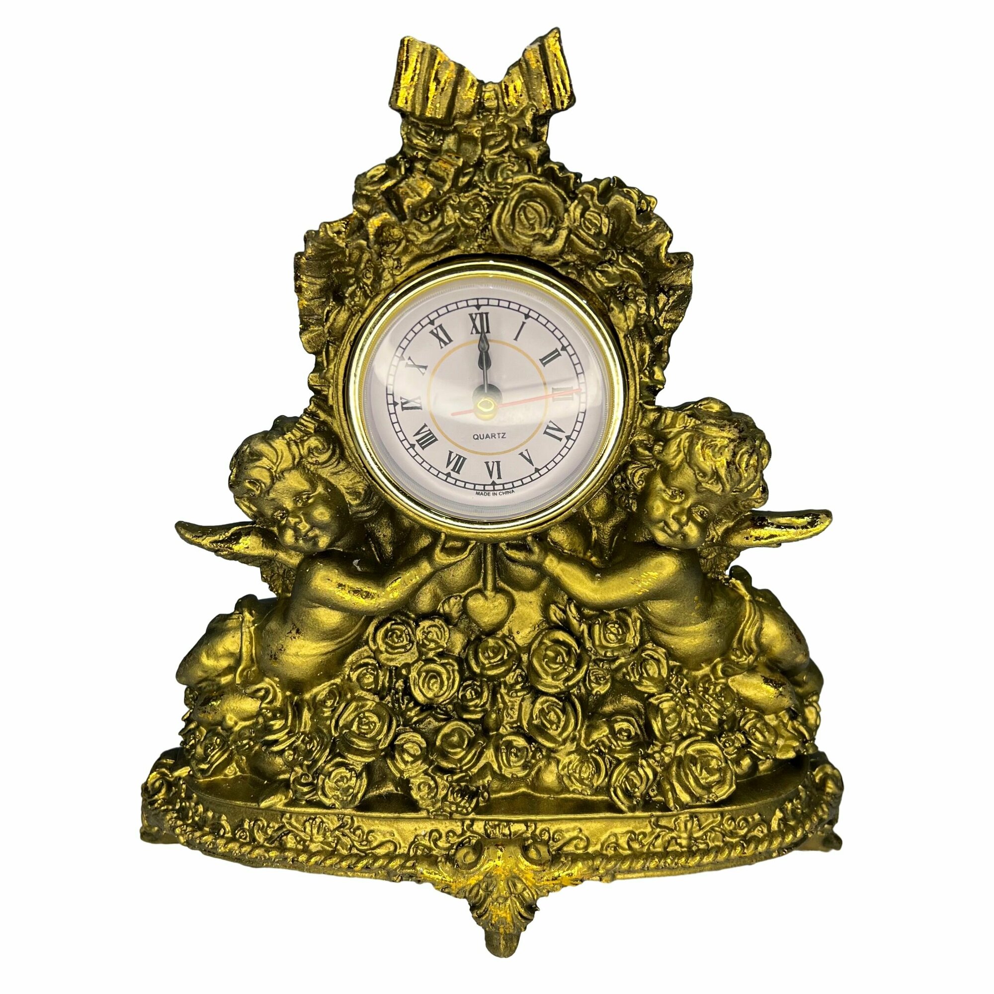 фото Фигурка с часами "Ангелы в розах" Н-22 W-10 L-20см; литьевой мрамор; Цвет: Бронза с позолотой