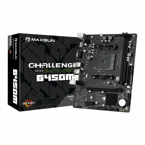 Материнская плата MAXSUN Challenger B450M CPU SocketAM4 AMD B450 mATX2DDR4 M2 PCI-E16 PCIE-E HDMI VGA PC3200 TDP 65Вт 759000₽