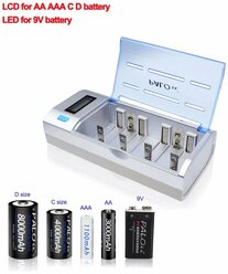Умное зарядное устройство для аккумуляторных батареек типа AA, AAA, C, D, Крона 9V, 6F22, Ni-MH/Ni-Cd