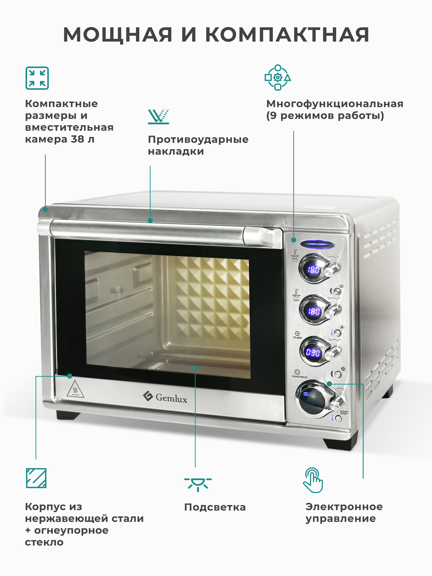 Мини печь с конвекцией и грилем GEMLUX GL-OR-1538LUX, 38 л, 1800 Вт, минипечь, электропечь для выпечки, печка, духовка электрическая настольная, электродуховка, духовой шкаф, бытовая техника для кухни — фото 1