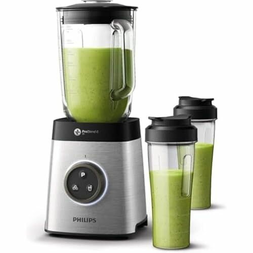 Блендер Philips HR3655/00 (1400 Вт, технология ProBlend 6 3D, стеклянный контейнер 2 литра, 2 чашки для питья, можно мыть в посудомоечной машине), нержавеющая сталь — фото 1
