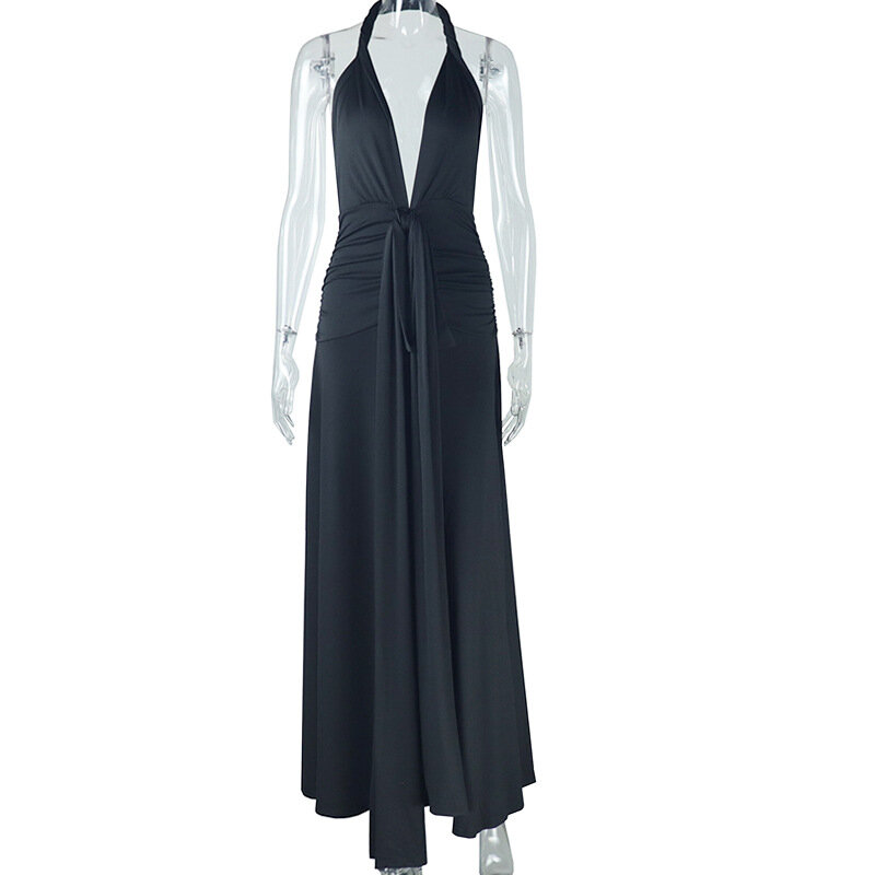 Платье женское, без рукавов, с разрезом, черное, размер M