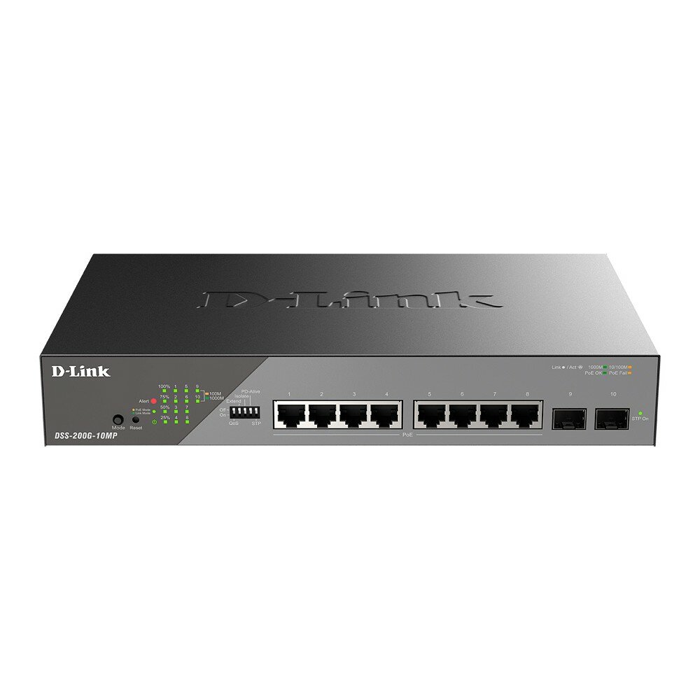 D-Link Сетевое оборудование DSS-200G-10MP A1A Настраиваемый L2 коммутатор с 8 портами 10 100 1000Base-T и 2 портами 1000Base-X SFP 8 портов PoE