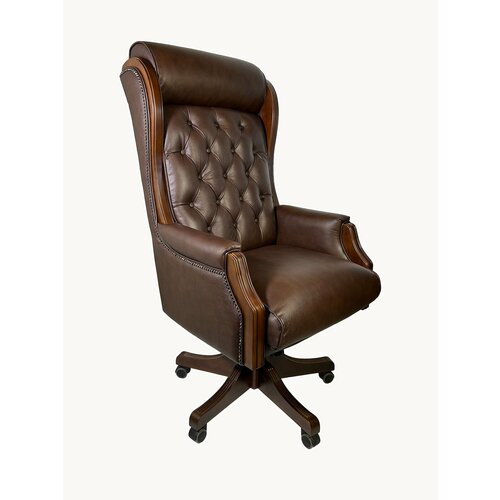 Офисное кресло руководителя Князь (Ришар), натуральная кожа, массив дерева, коричневое (Bruno)