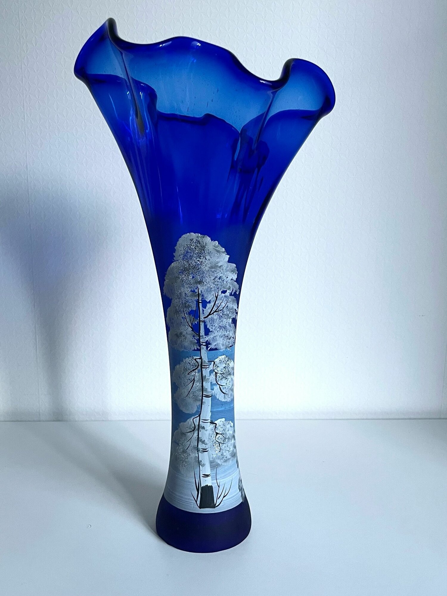 Ваза "Зимняя береза" Кобальтовое стекло. Ручная роспись. СССР. Высота: 32-42 см.