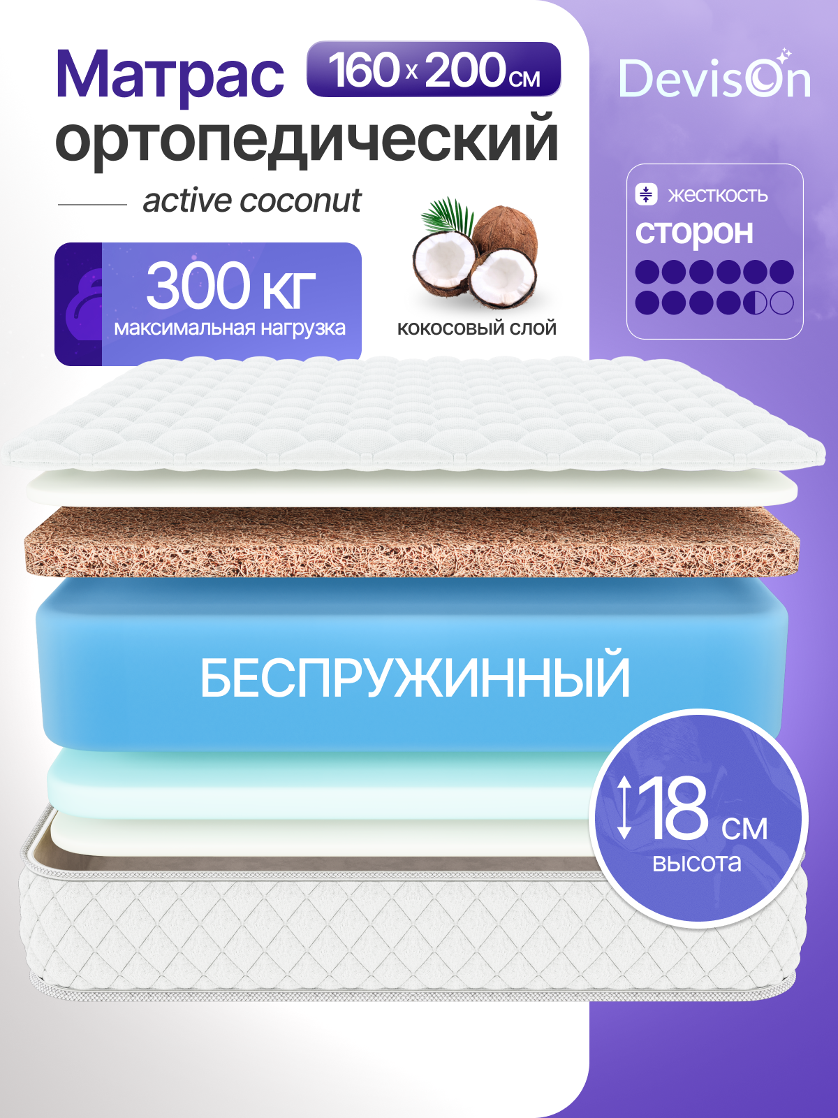 Матрас 160х200 ортопедический беспружинный Devison Active Coconut высота 18 см