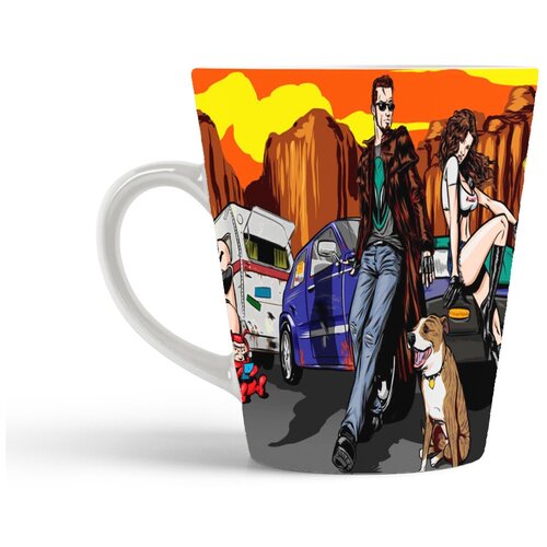 фото Кружка-латте coolpodarok постал postal (мужчина и девушка сидят на машине,рядом собака)