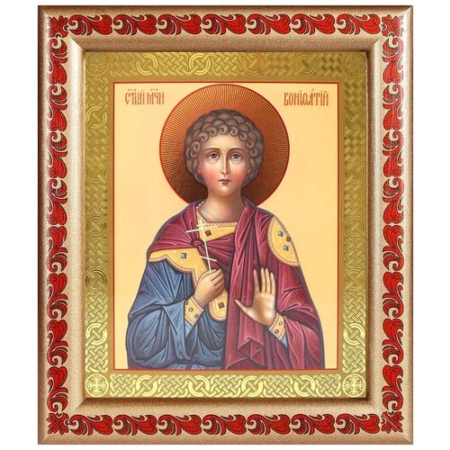 Мученик Вонифатий Тарсийский, икона в рамке с узором 19*22,5 см мученик вонифатий тарсийский икона в деревянной рамке 8 9 5 см