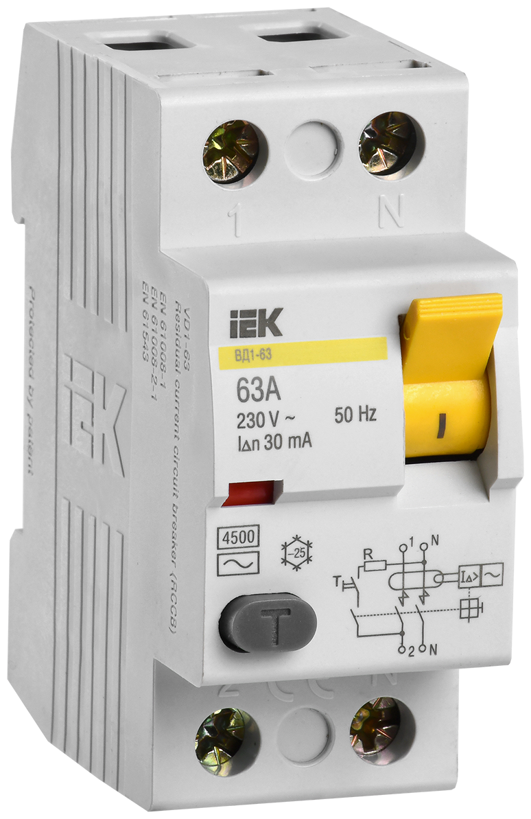 Выключатель дифф.тока УЗО IEK ВД1-63 MDV10-2-063-030 63A 30мА AC 2П 230В 2мод белый (упак.:1шт) MDV1