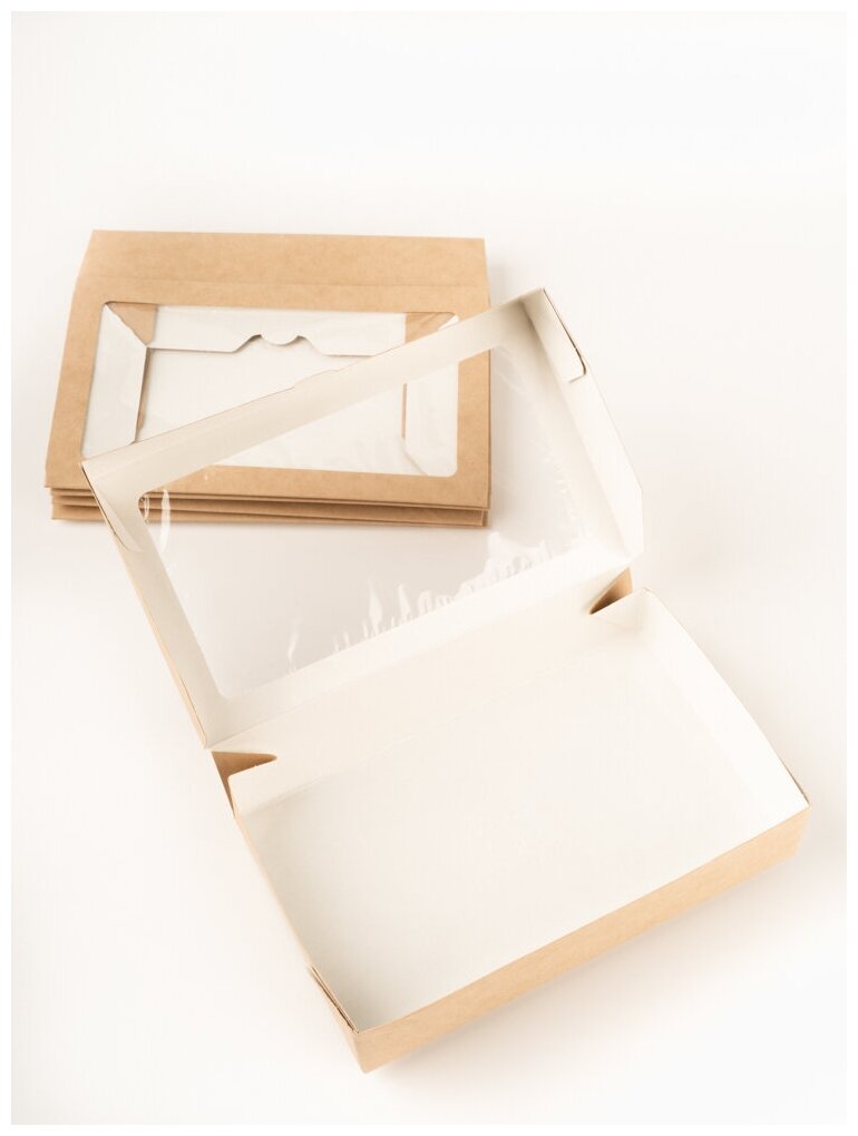 Одноразовый контейнер, крафт коробка с окошком: для десертов, еды на вынос, 20х12х4см, 1000 мл, 5 штук - фотография № 4
