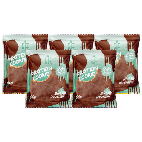 Fit Kit, Chocolate Protein Cookie, 5шт x 50г (малиновый йогурт) протеиновое печенье в шоколаде без сахара fit kit chocolate protein cookie упаковка 24шт по 50г малиновый йогурт