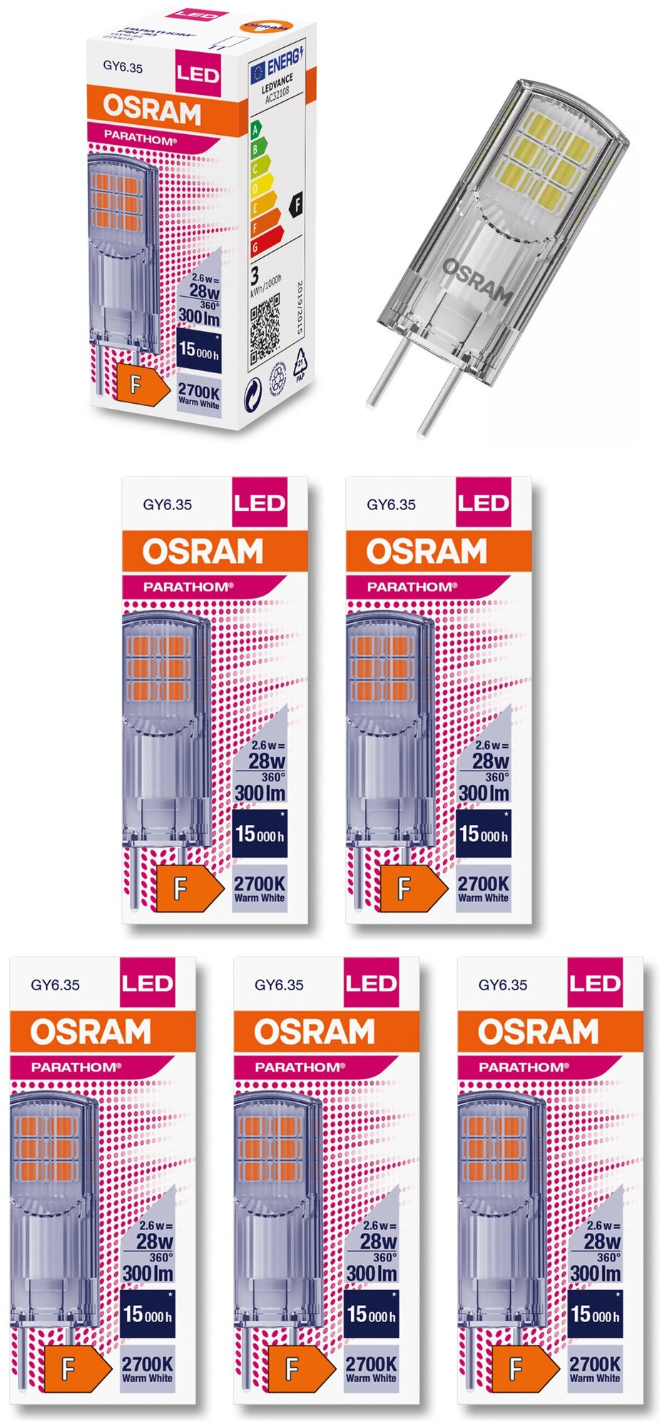 Лампочка светодиодная OSRAM Капсула GY6.35 2,6Вт 12В 300Лм 2700К Теплый белый, упаковка 5шт