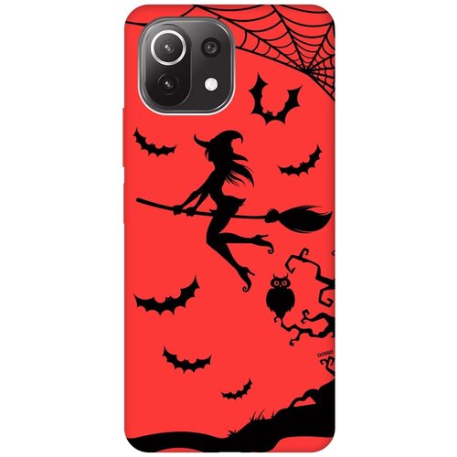 фото Силиконовый чехол-накладка silky touch для xiaomi mi 11 lite 4g с 3d принтом "witch on a broomstick" красный gosso