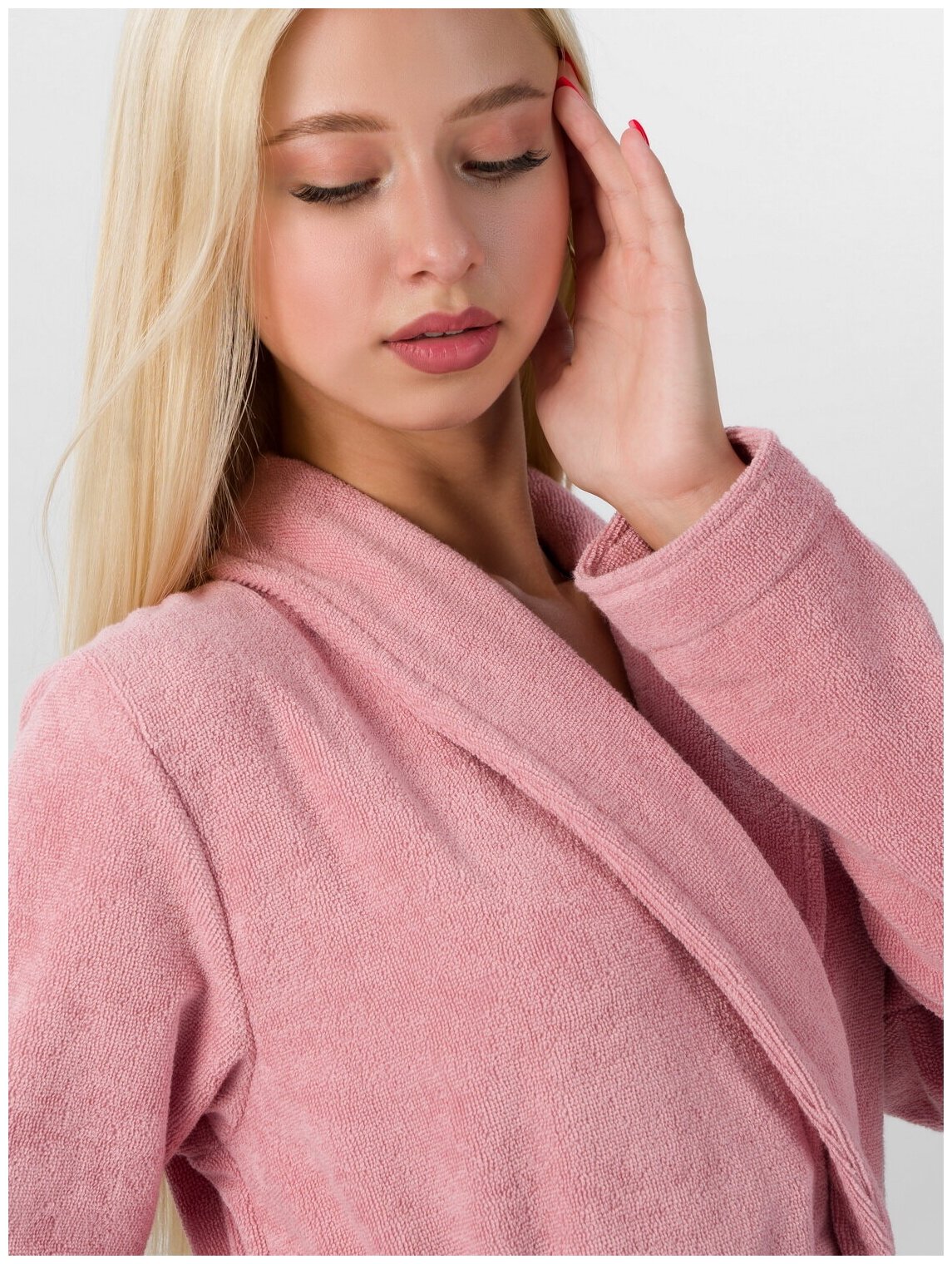 Женский махровый халат с шалькой, пудрово-розовый - фотография № 2