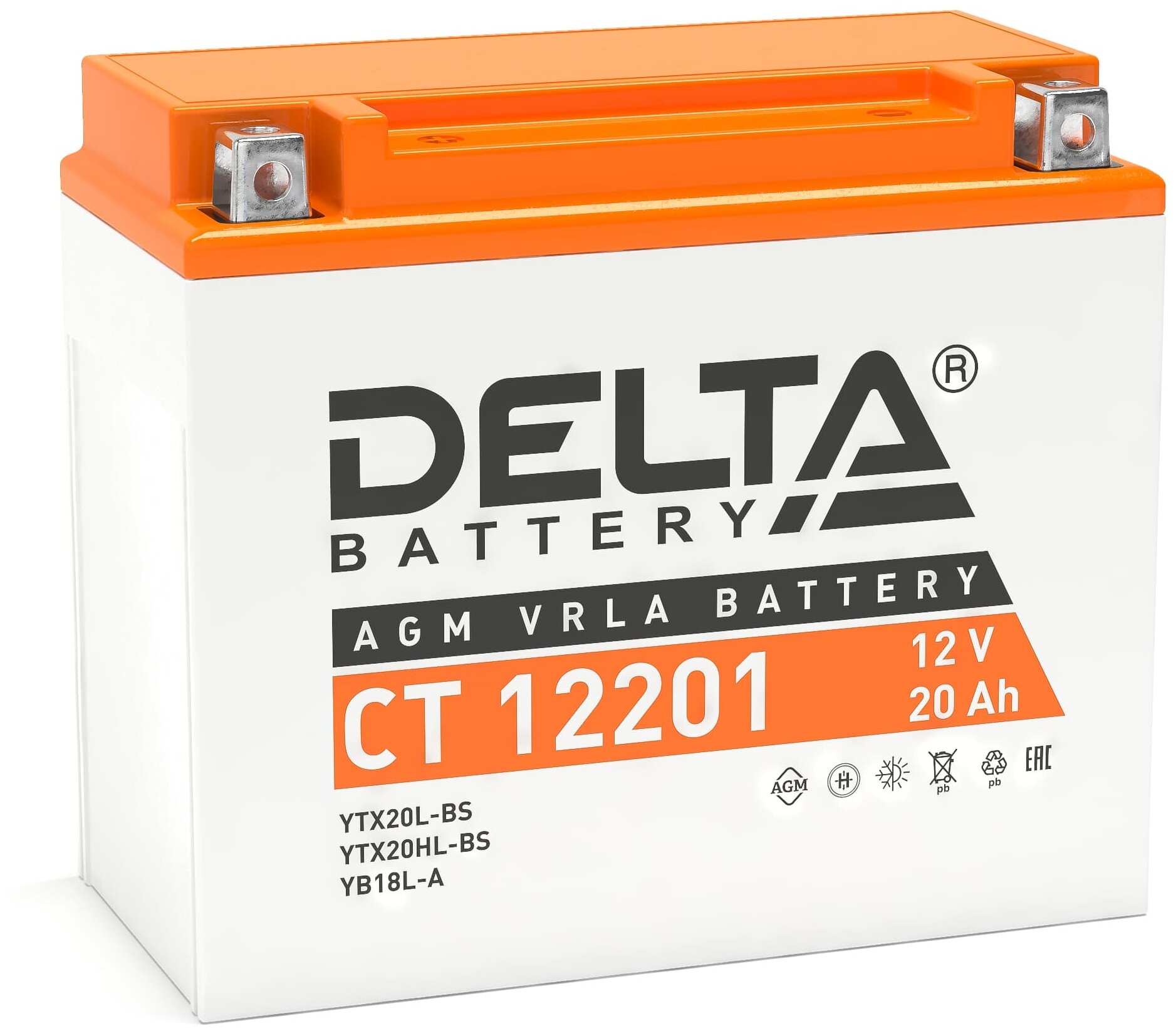 Аккумулятор мотоциклетный Delta CT12201 YTX20L-BS 12V 20Ah AGM(залит и готов к применению)