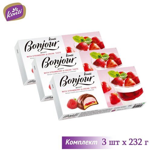 Десерт Bonjour со вкусом клубники со сливками, комплект 3 шт по 232 г