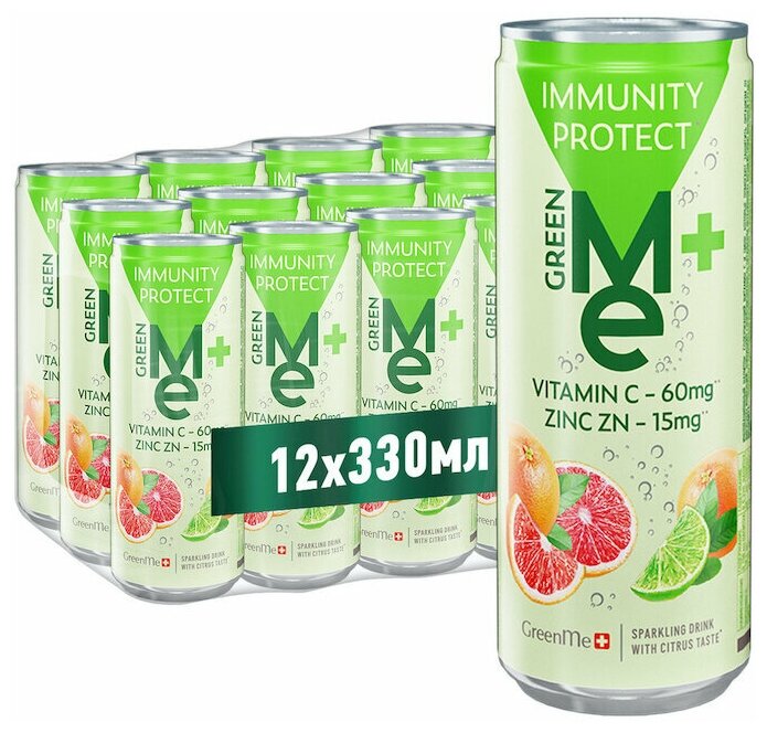 Газированный напиток GreenMe Plus (ГринМи Плюс) Protect с витамином С и цинком Цитрус, 12 шт. по 0.33 л, ж/б