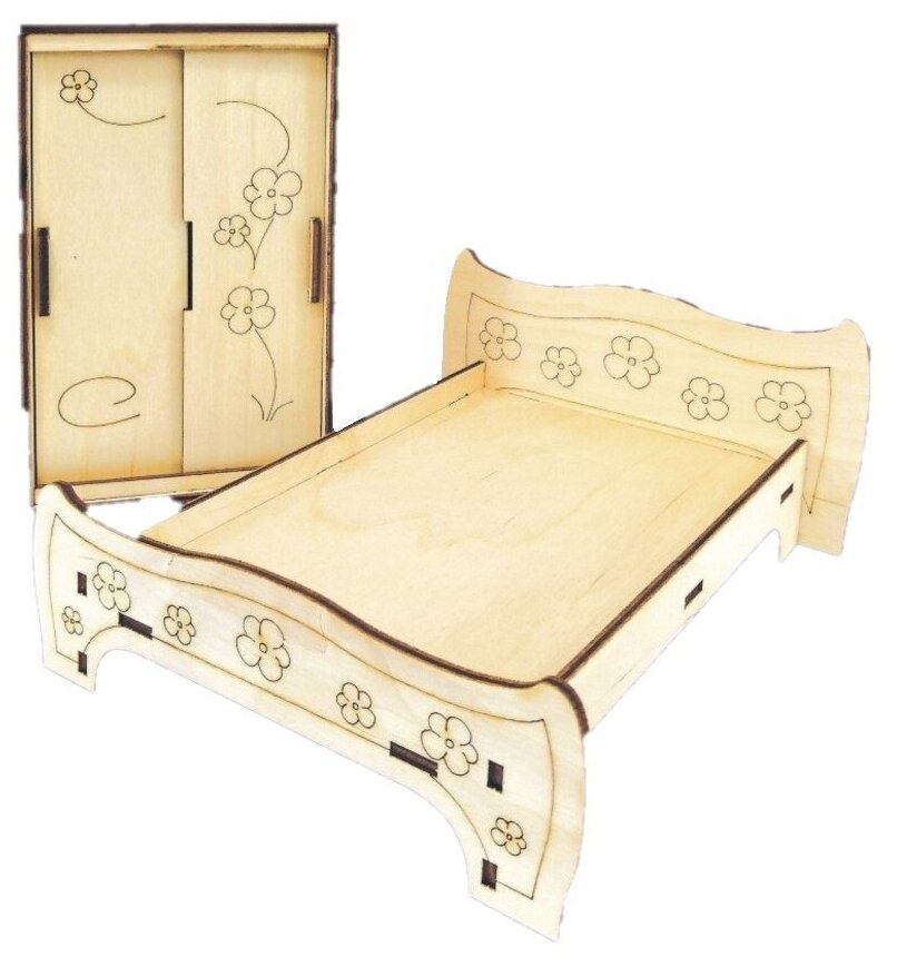 Набор деревянной мебели в кукольный домик "Кровать со шкафом - 3" (2 предмета) для кукол 30 см