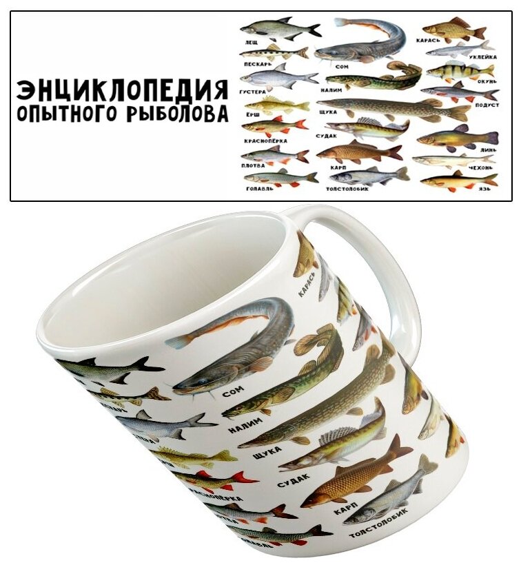 Кружка "Энциклопедия рыболова", большая с рисунком, в подарок, для чая и кофе, керамическая, 330 мл