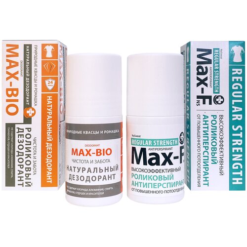 Антиперспирант от пота Max-f Regular Strength 15% и Натуральный дезодорант MAX-BIO Чистота и забота дезодорант oasis of purity взрывной цитрус для чувствительной кожи на основе природных квасцов натуральный шариковый 50 мл