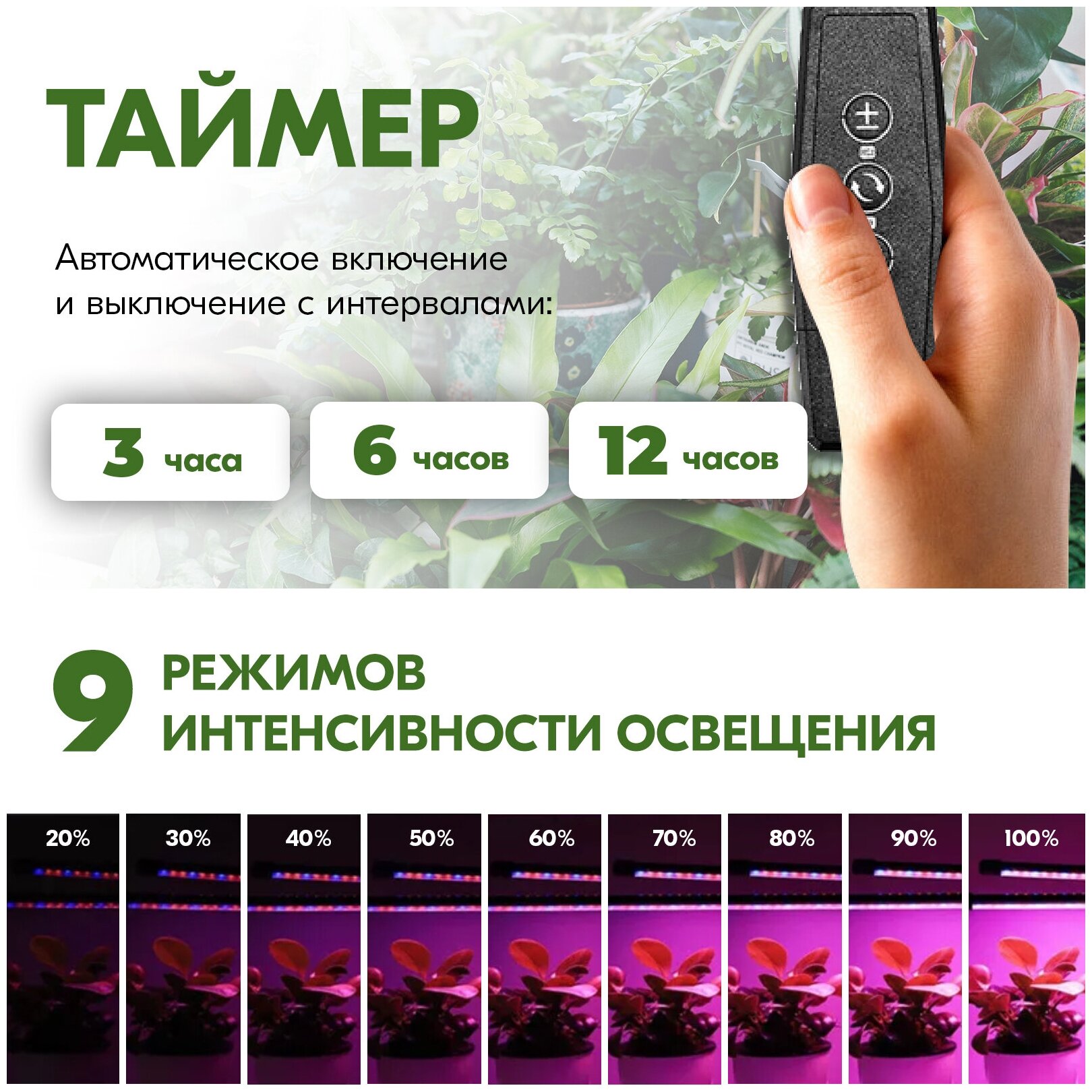Фитолампа для растений, фитосветильник для рассады, 9 режимов яркости, 3 спектральных режима, 3 лампы - фотография № 6
