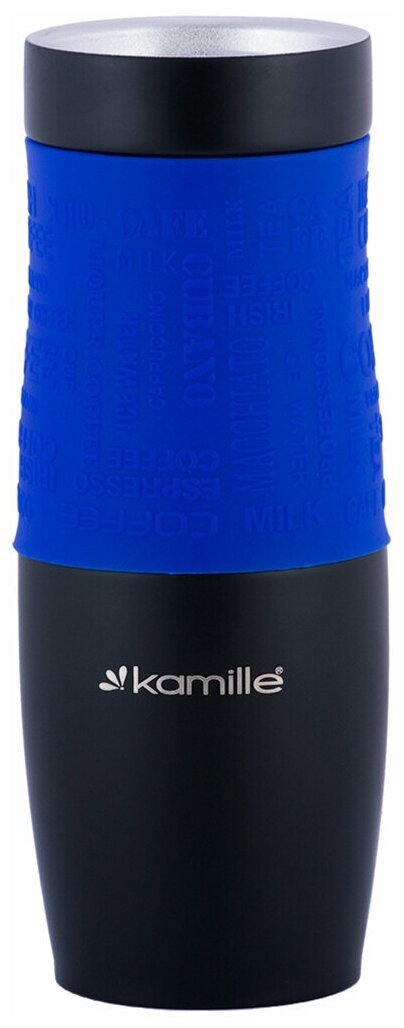 Термокружка 480 мл. из нержавеющей стали Kamille KM-2067 с TPR-вставкой и ремешком (2067 / синий)