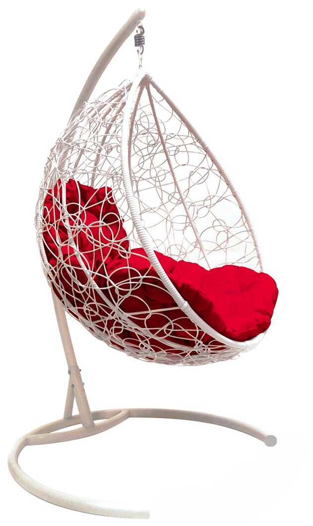 Подвесное кресло-кокон Капля с ротангом, сталь, ткань, Белый - Красный, 1 шт