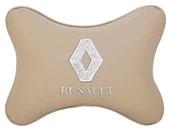 Автомобильная подушка на подголовник экокожа Beige (белый) с логотипом автомобиля Renault