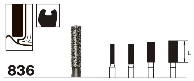 Бор алмазный 836, цилиндр, под турбинный наконечник, D 1.4 мм, L 6.0 мм, черный