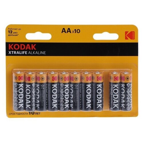 Батарейка алкалиновая Kodak XtraLife, AA, LR6-10BL, 1.5В, спайка, 10 шт. батарейка алкалиновая kodak xtralife aa lr6 12bl 1 5в блистер 12 шт 1 шт