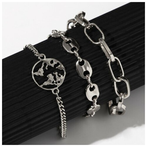 фото Queen fair набор 3 браслета "цепь" стиль и земля, цвет серебро, 19см