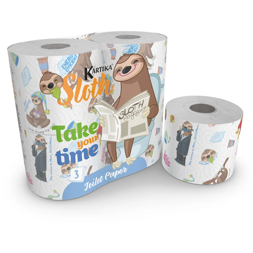 Туалетная бумага Ленивец с рисунком, Kartika Collection, 3 сл, 4 рул/280 л, World Cart