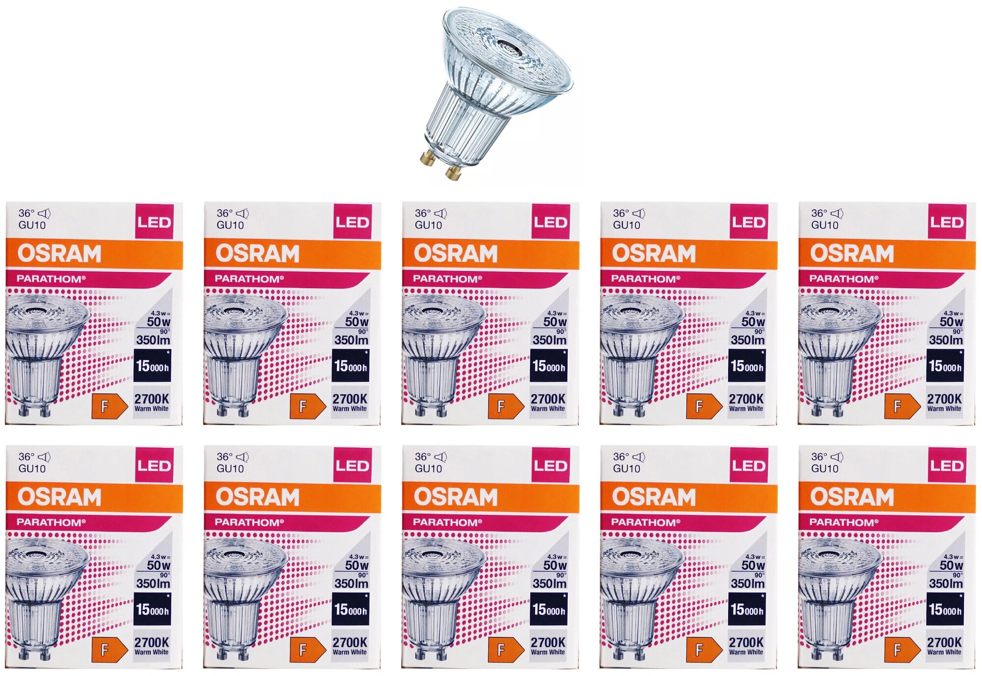 Лампочка светодиодная OSRAM Софит PAR16 GU10 4,3Вт 220В 350Лм 2700К Теплый белый, упаковка 10шт