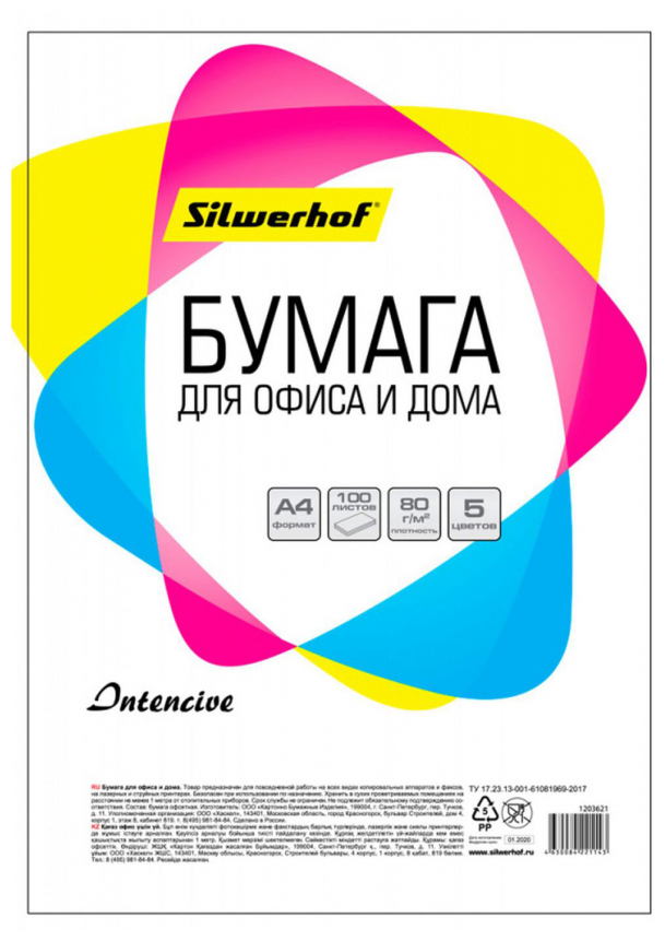 Бумага Silwerhof 719002 A4/80г/м2/100л./радуга интенсив (5цветов)