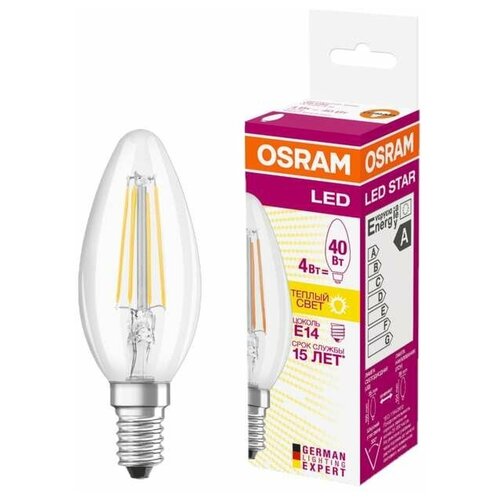 Светодиодная филаментная лампа Osram FIL LSCL B40 4W/827 230V CL E14 470lm свеча прозрачная 4058075068353