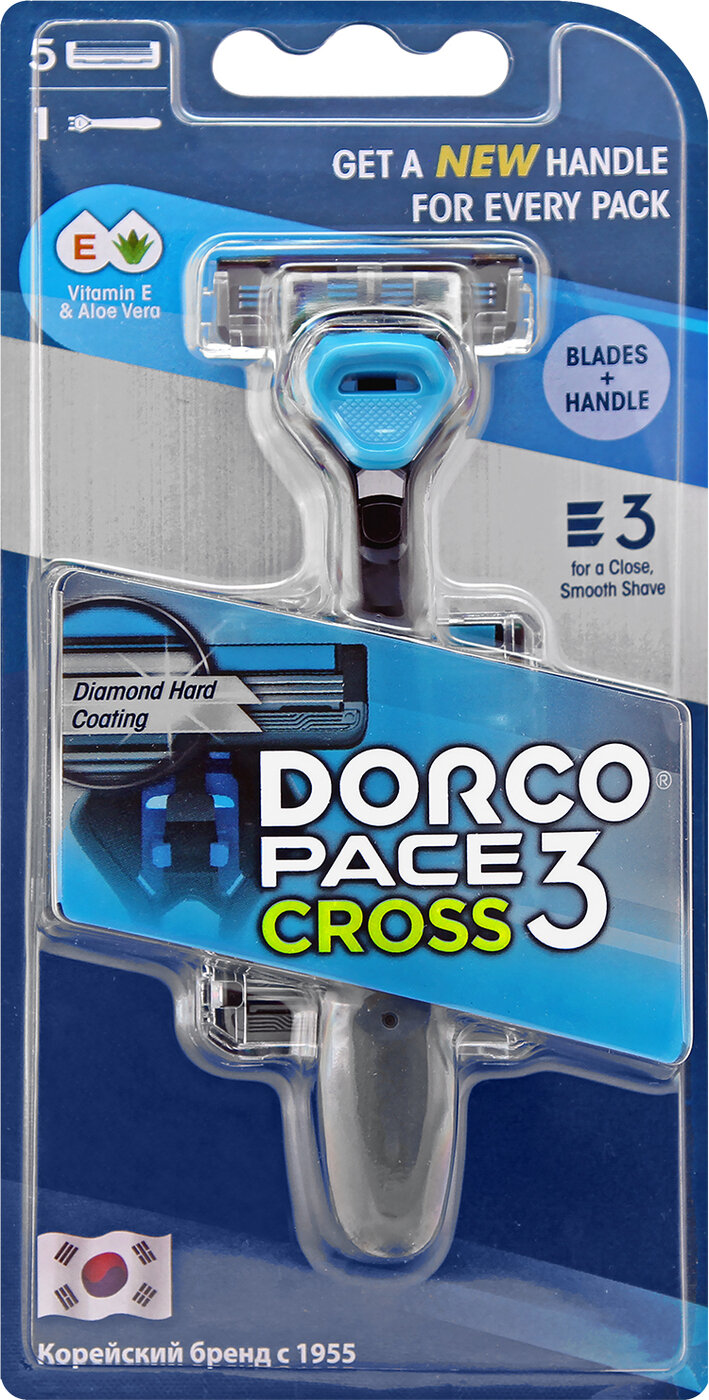 Бритва Dorco CROSS3, 3-лезвийная, крепление CROSS, плав. головка, увл. полоса (1 станок, 5 кассет)