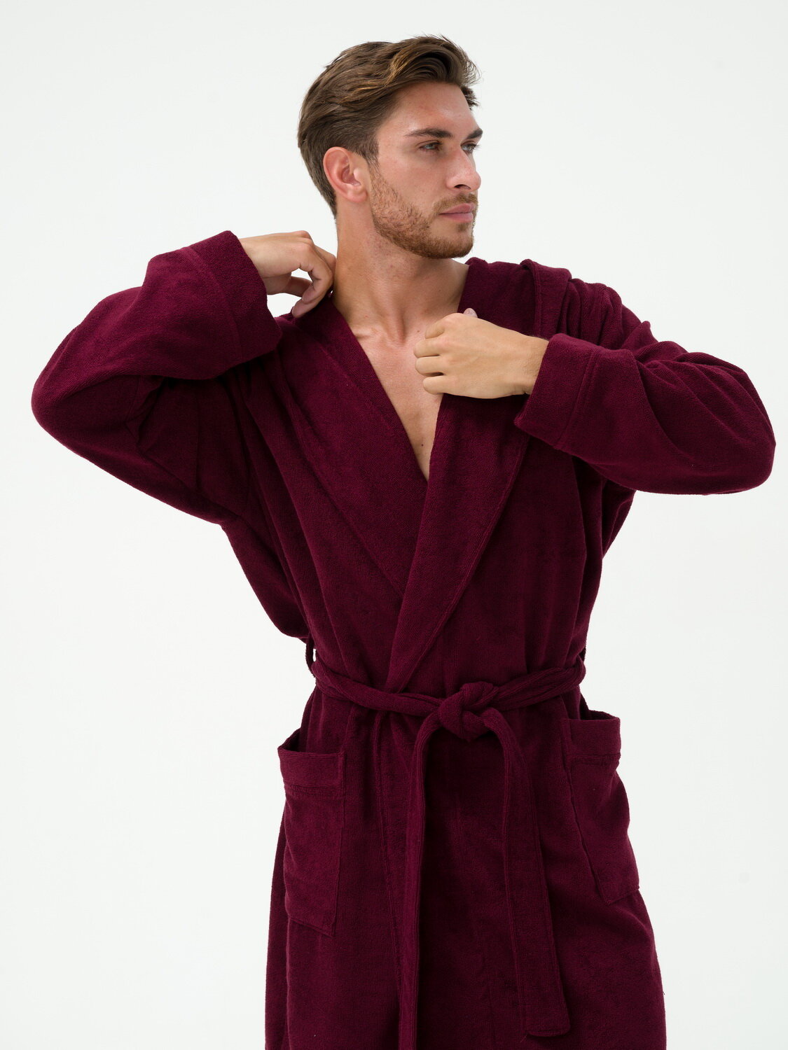 Мужской махровый халат с капюшоном, темно-бордовый - фотография № 8