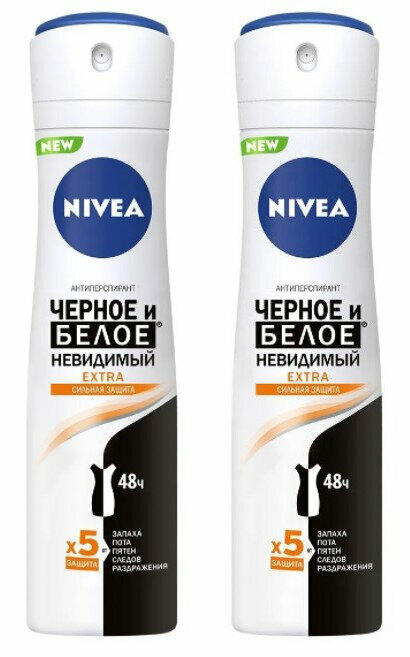 Дезодорант-спрей, Nivea, Extra, черное и белое, невидимый, 150 мл, 2 шт