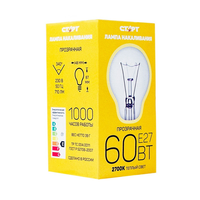 Лампа накаливания Старт Электрическая лампа старт стандартная/прозрачная 60W E27