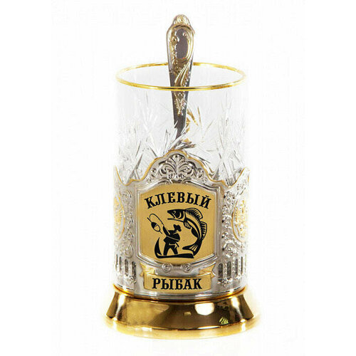 Подарочный набор c позолоченным подстаканником в футляре (3 предмета). Клевый рыбак