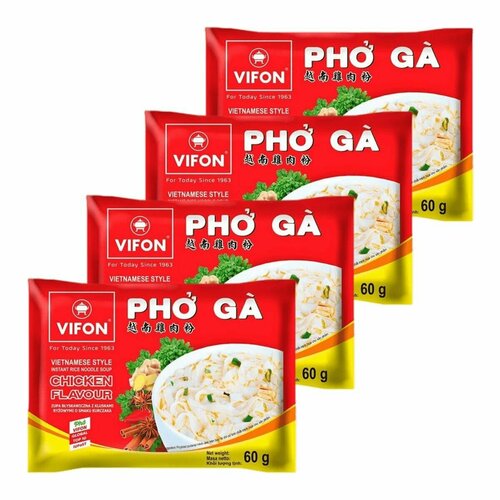 Лапша быстрого приготовления рисовая Pho ga со вкусом курицы Vifon, пачка 60 г х 4 шт