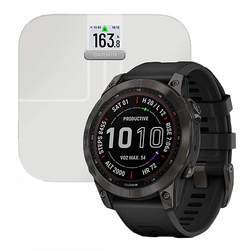Garmin Комплект Fenix 7 Sapphire Solar титановый черный DLC с черным ремешком и весы Index S2 белые 15998000₽