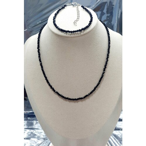 фото Комплект бижутерии набор шпинель чёрная бусы + браслет 3 мм, шпинель, размер браслета 17 см, размер колье/цепочки 37 см, черный нет бренда