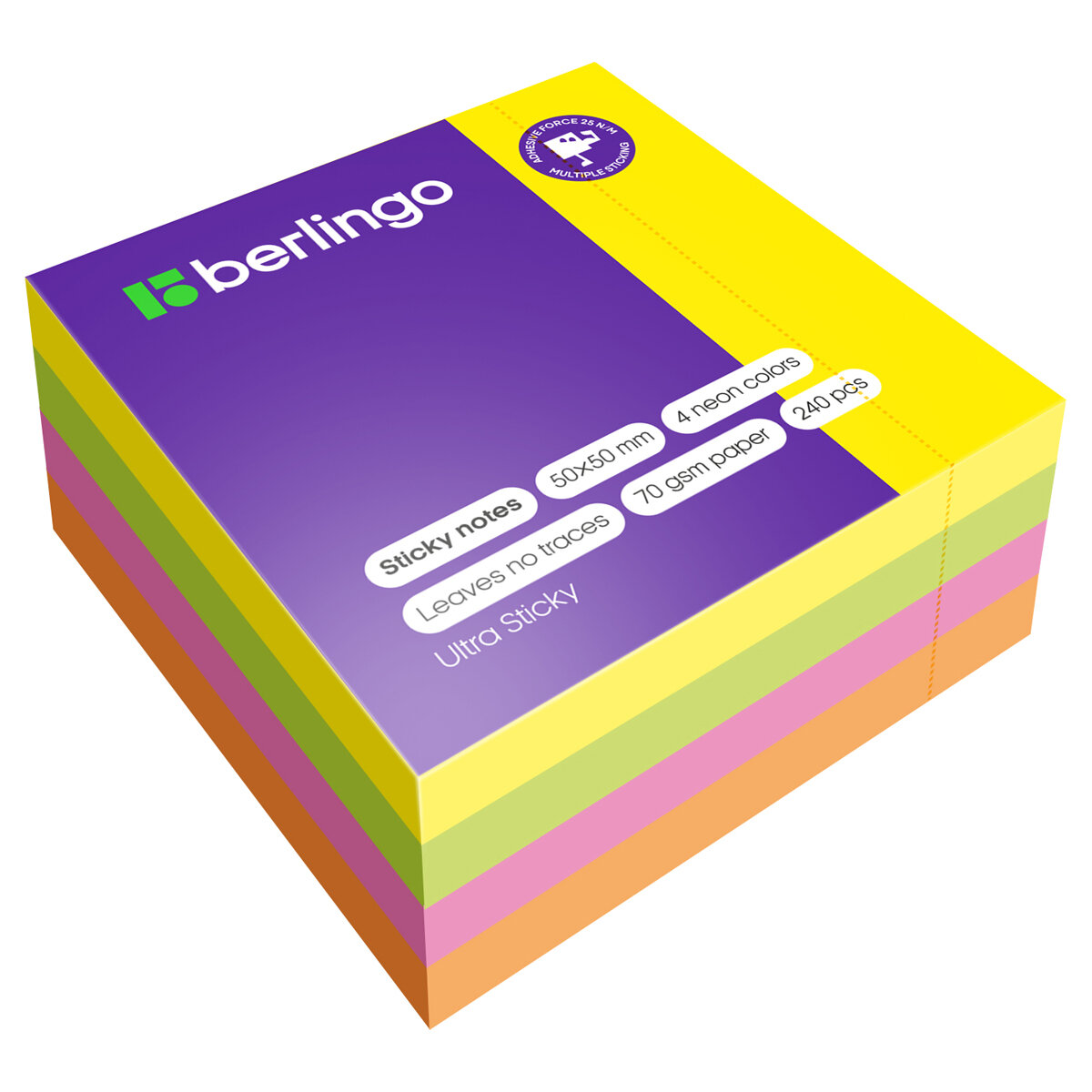 Самоклеящийся блок Berlingo "Ultra Sticky", 50*50 мм, 240 л, 4 неоновых цвета