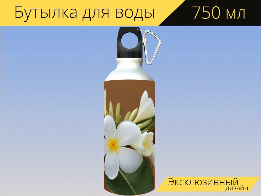 Бутылка фляга для воды "Букеты цветов, фарфоровый цветок, белый" 750 мл. с карабином и принтом