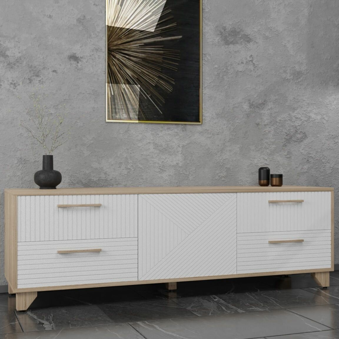 фото Тумба-створка под ТВ Копенгаген ЛДСП Дуб Сонома / МДФ Белый мат