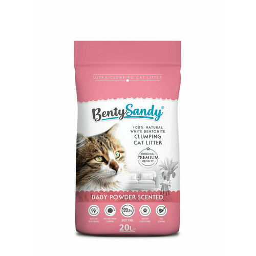BentySandy Baby Powder наполнитель для кошачьего туалета комкующийся, глиняный, с ароматом детской присыпки - 20 л (17,2 кг)